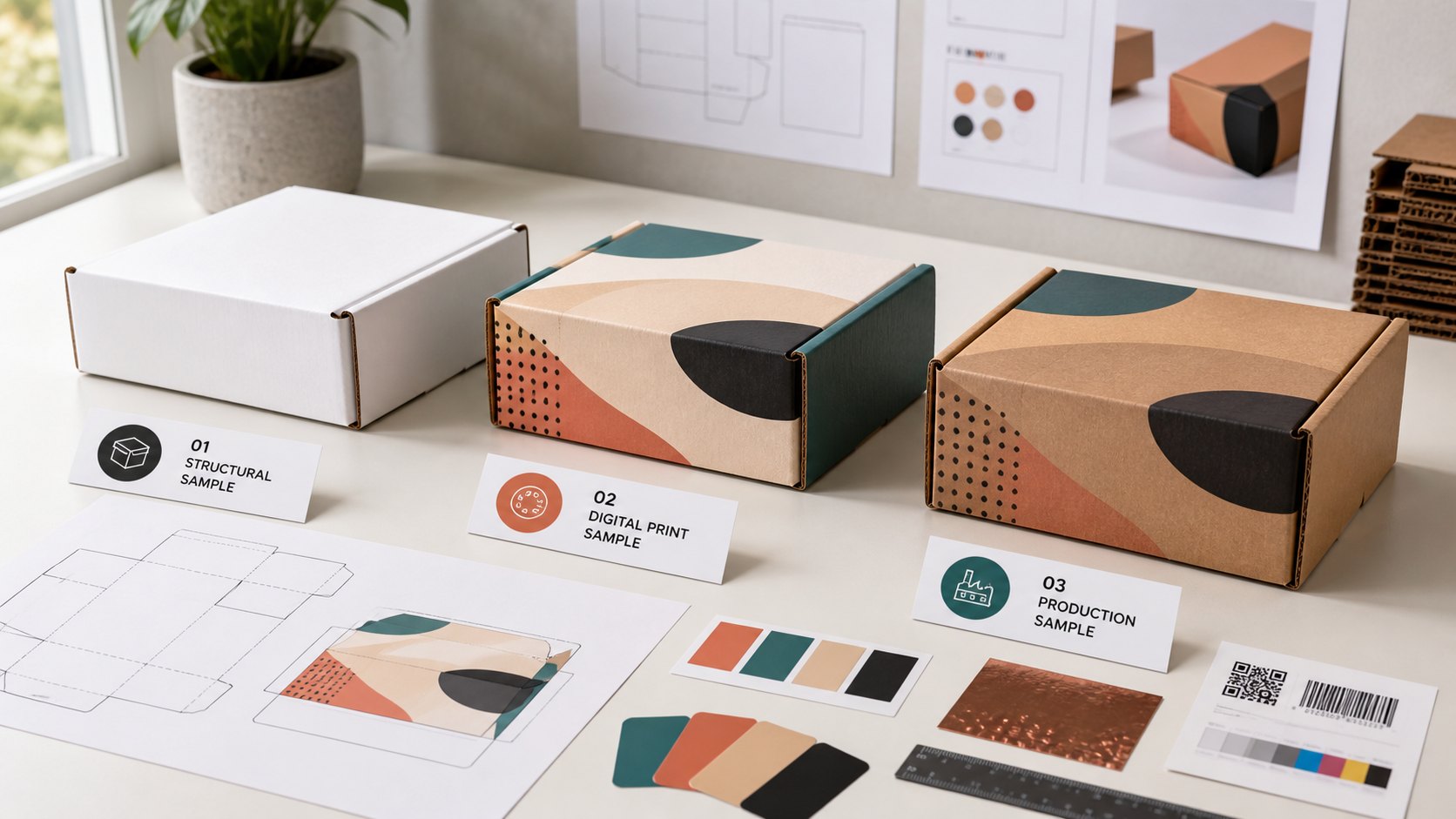 White structural digital printed and production-method custom packaging samples
