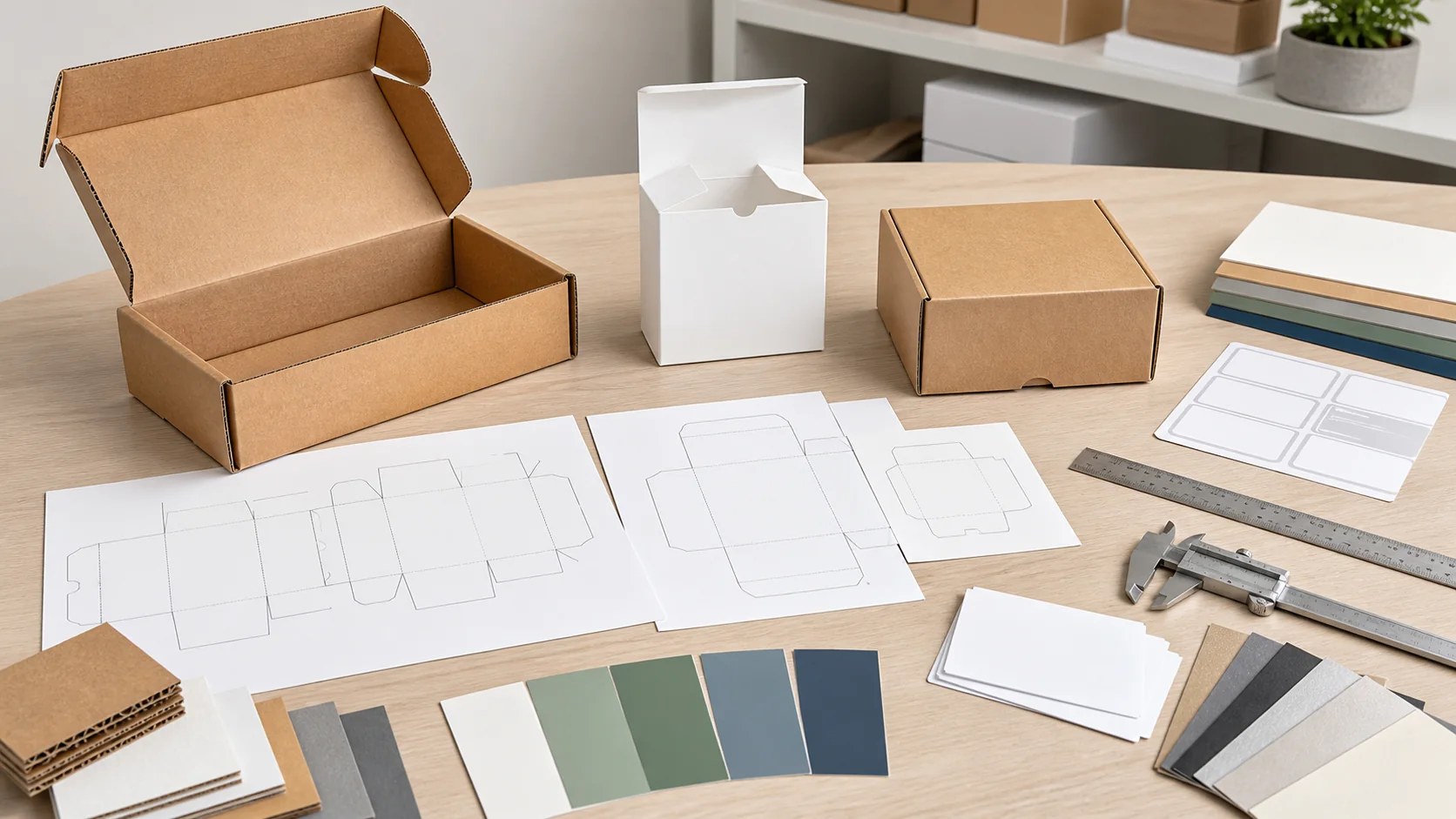 Custom ecommerce paper box quote checklist with box samples dielines and material swatches