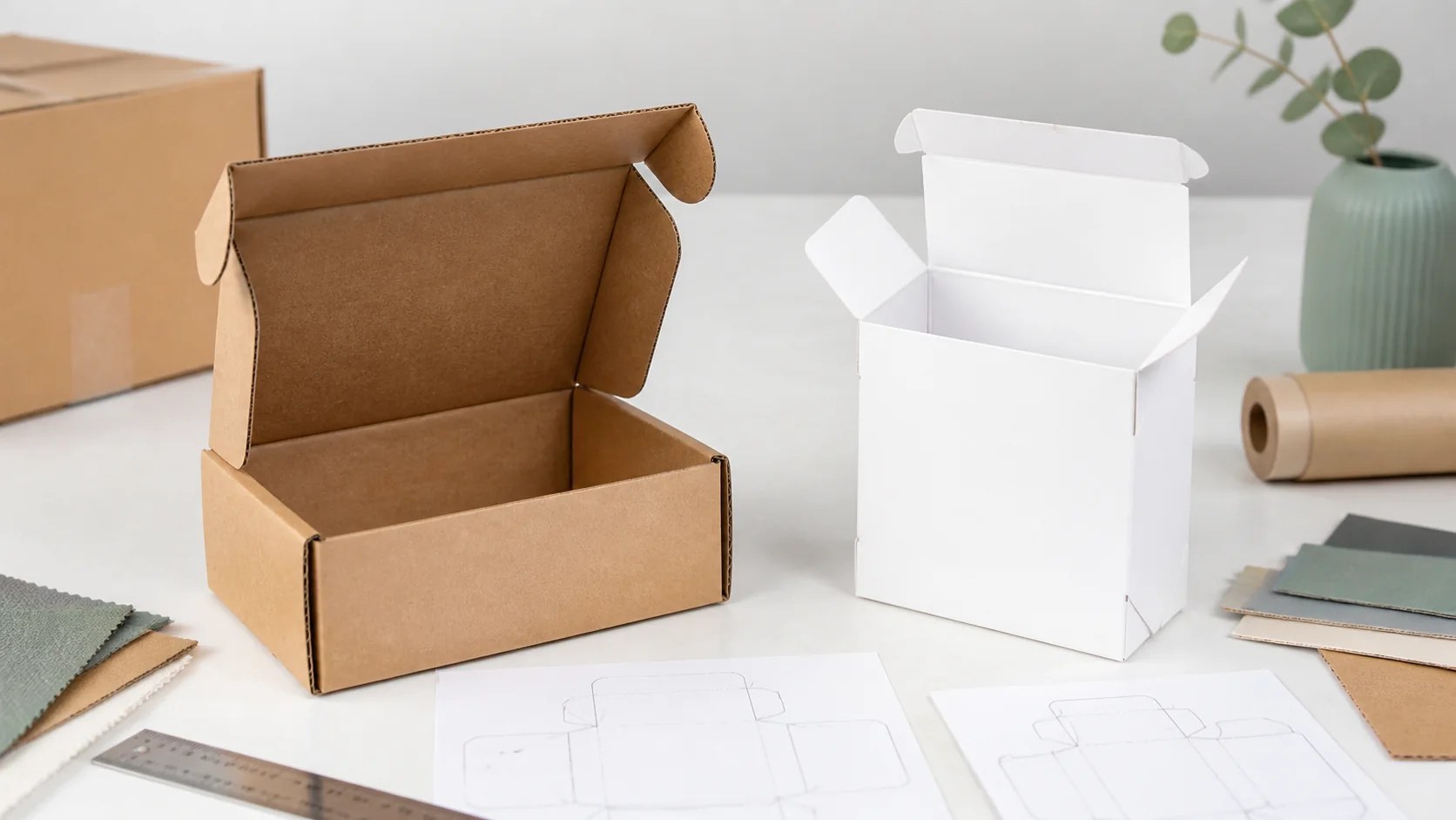 Side by side corrugated mailer box and tuck top lock bottom paperboard box comparison