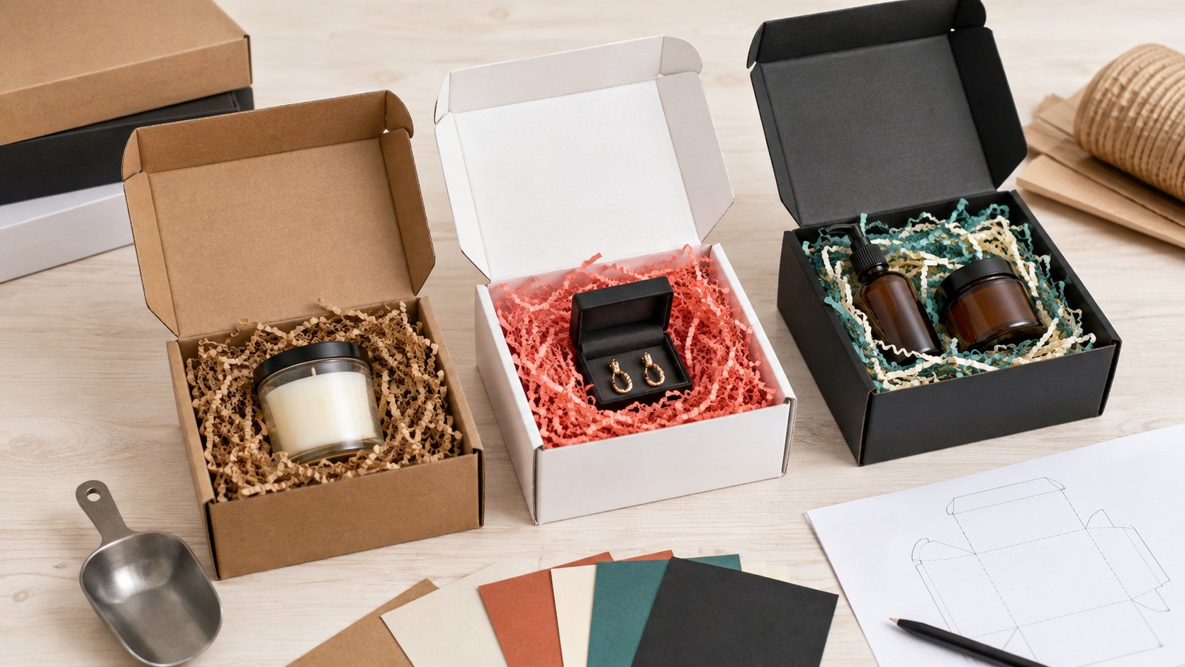 Gift boxes with kraft coral teal and cream paper filler around ecommerce products